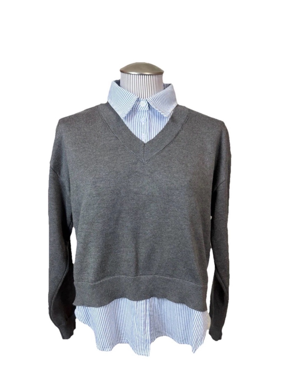 Arden B Y2K Cropped Layered Sweater Preppy Dark Academia Striped Shirt 2-in-1